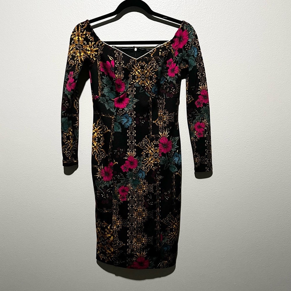 THALIA Sodi- Black Floral Pink and Gold Pattern Print MIDI Dress Size XS